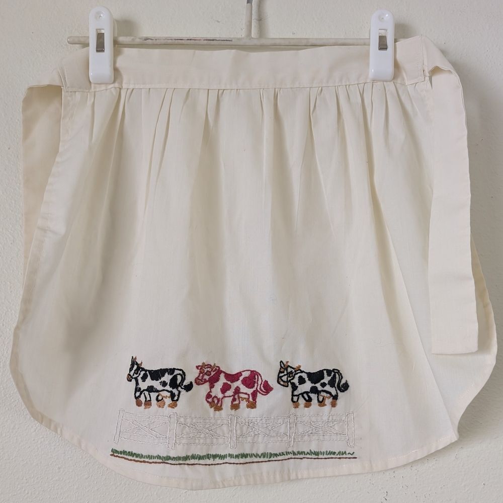 Vintage Hand Embroidered Child's Apron, Cows Farmhouse Country